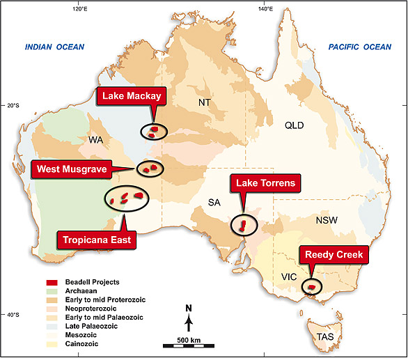 Location map of Beadell Resources projects in Australia